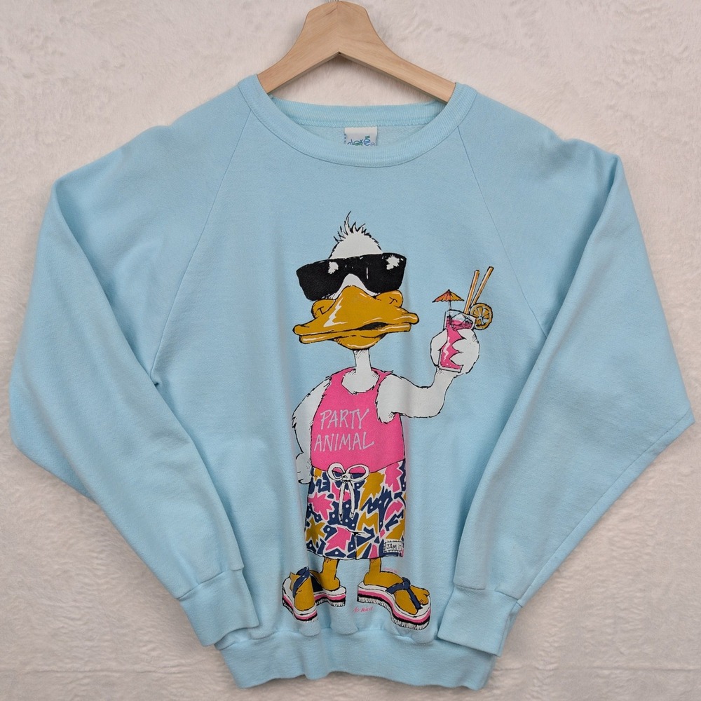 VTG Alore Sweatshirt Mens Medium Blue Party Animal Duck Crewneck Made in USA 80s